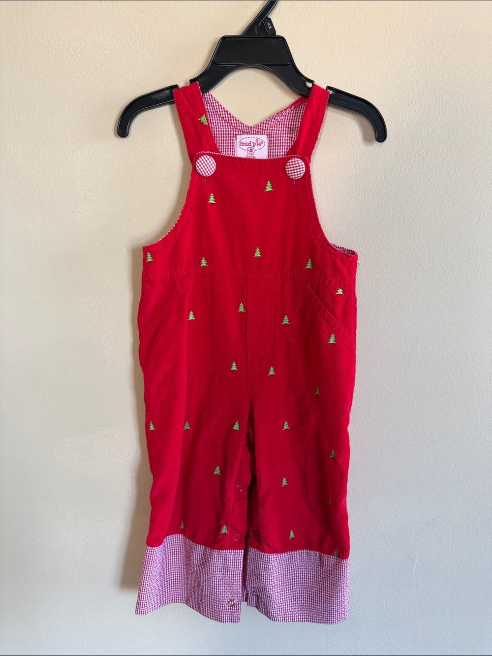 Mud Pie Red Corduroy Kids Overalls with Green Tree Embroidery